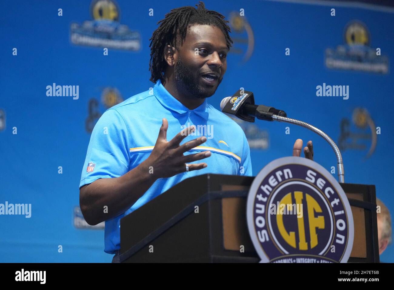 San Diego Chargers ex running back LaDainian Thomlinson parla alla 45th CIF Southern Section Football Championship Press Conference, Lunedi, No Foto Stock