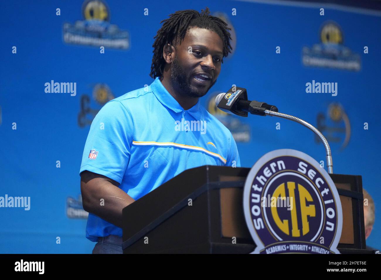 San Diego Chargers ex running back LaDainian Thomlinson parla alla 45th CIF Southern Section Football Championship Press Conference, Lunedi, No Foto Stock