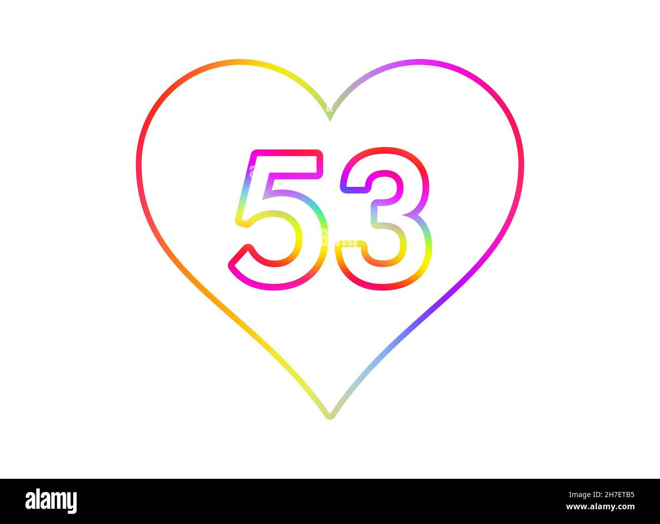 Numero 53 in un cuore bianco con contorno di colore arcobaleno. Foto Stock