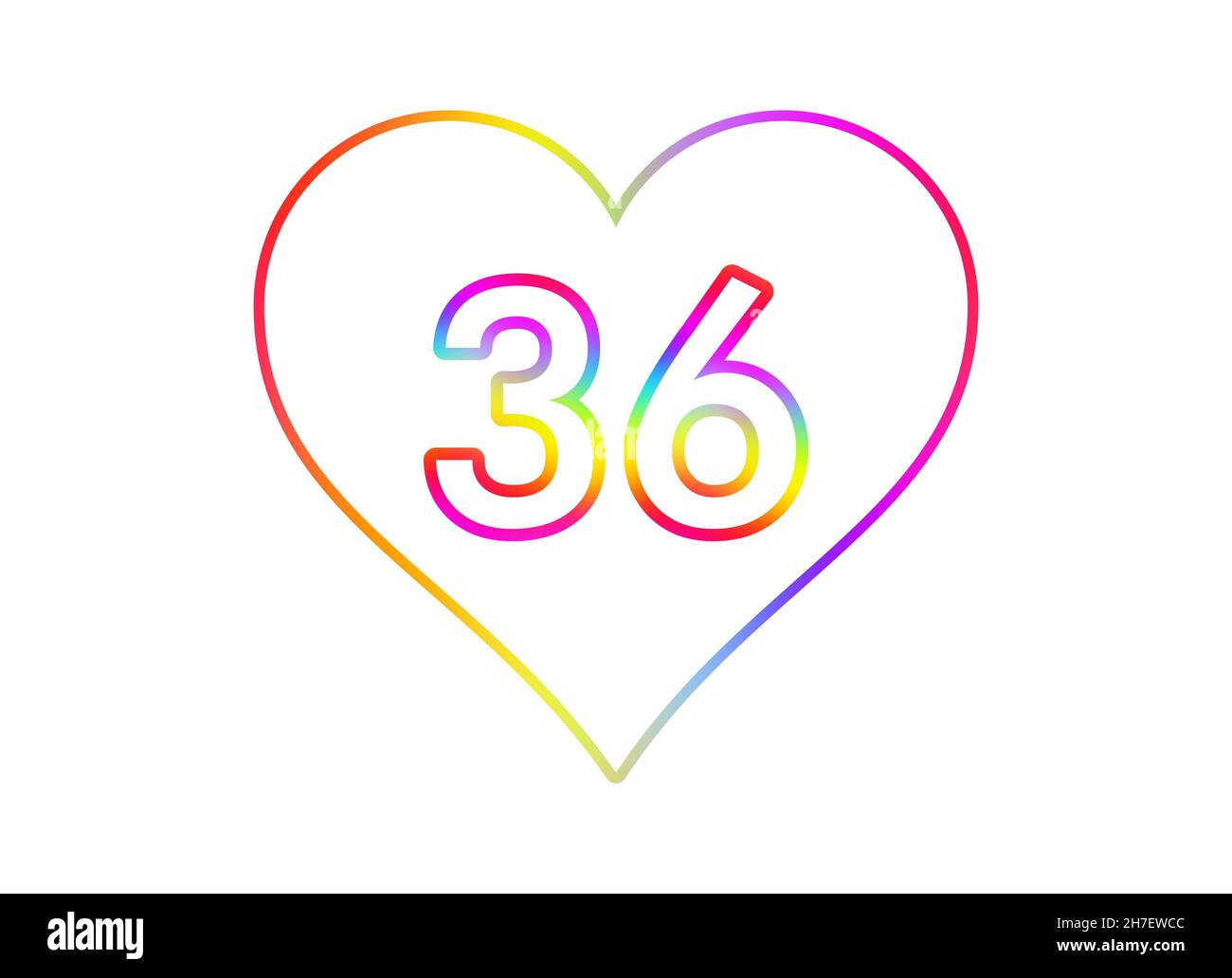 Numero 36 in un cuore bianco con contorno di colore arcobaleno. Foto Stock