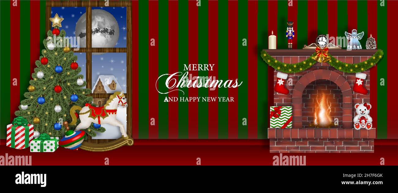 Allegro banner natalizio con camino, albero di natale e giocattoli Illustrazione Vettoriale