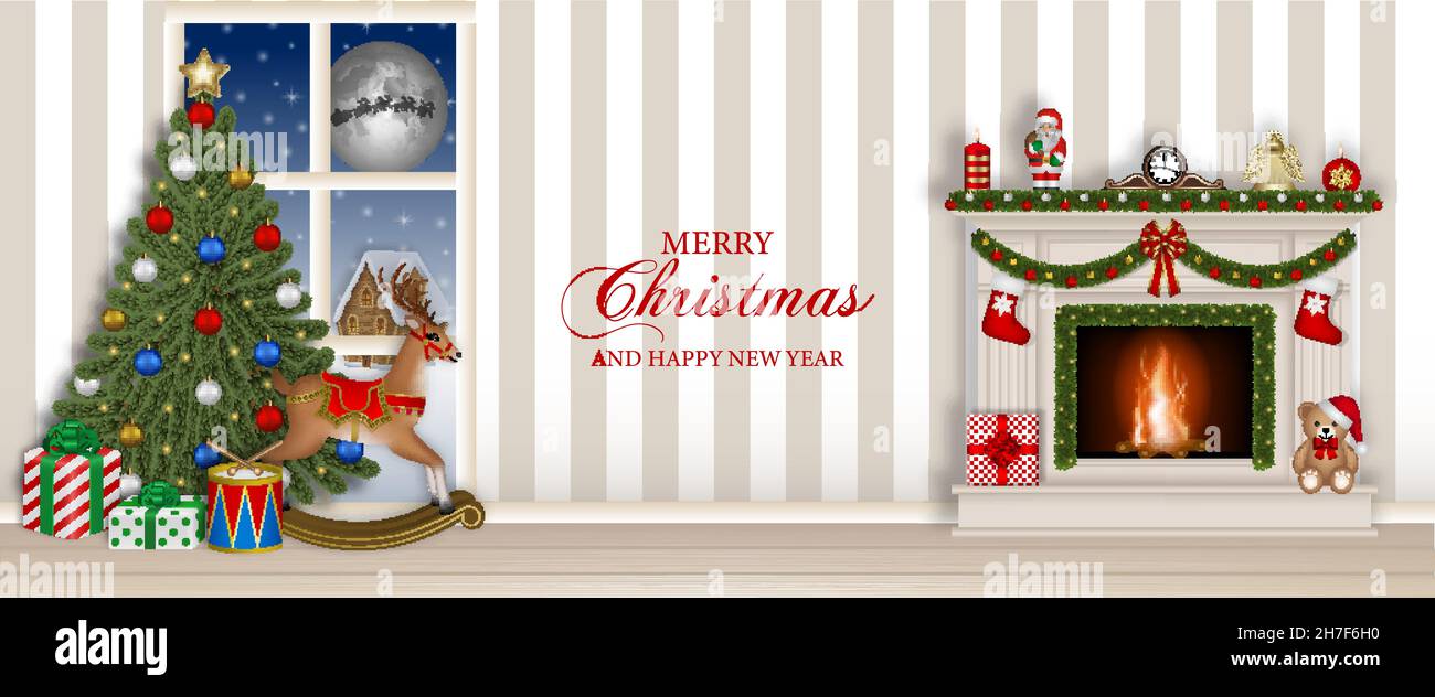 Allegro banner natalizio con camino, albero di natale e giocattoli Illustrazione Vettoriale