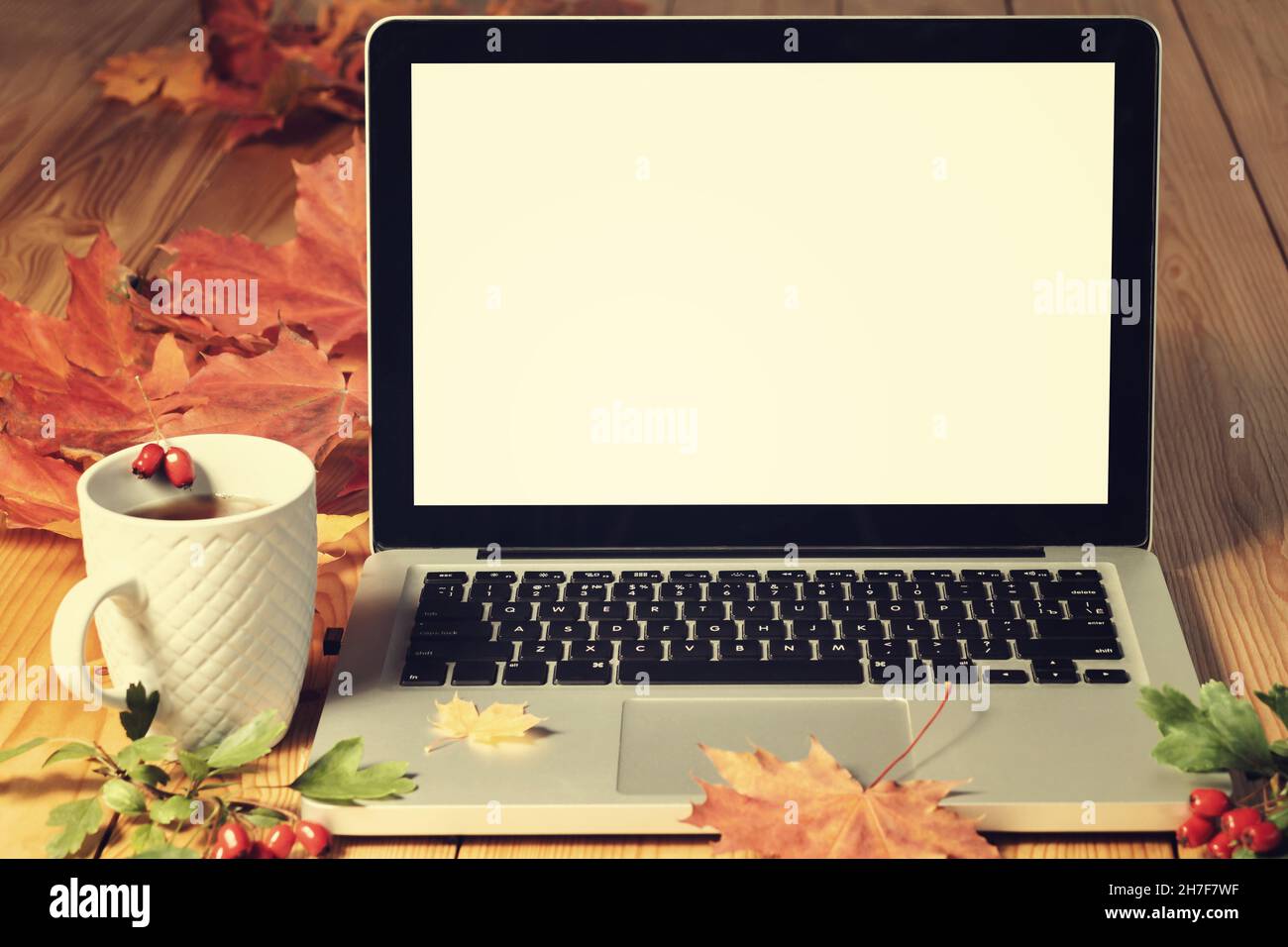 Computer portatile aperto con schermo vuoto su tavolo di legno con foglie e tazza autunnali Foto Stock
