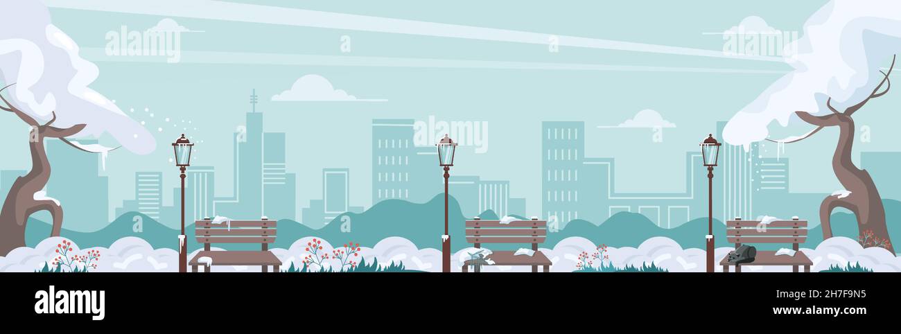Bellissimo panorama invernale del parco con alberi, panchine, lanterne, silhouette della città. Concetto di Natale. Illustrazione vettoriale. Illustrazione Vettoriale