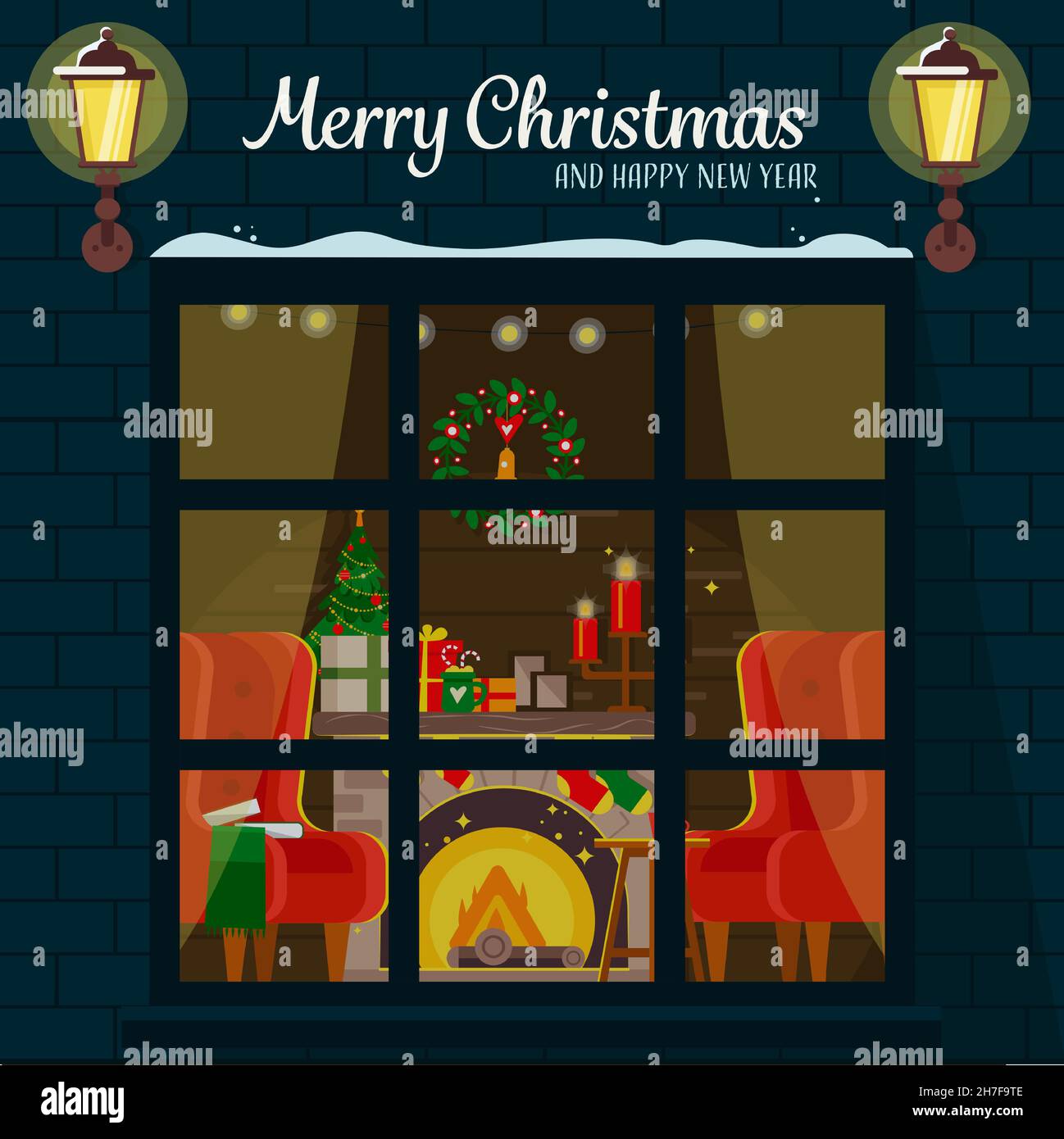 Camera di Natale con mobili, albero di natale, poltrone e camino attraverso la finestra. Carino illustrazione vettoriale. Illustrazione Vettoriale