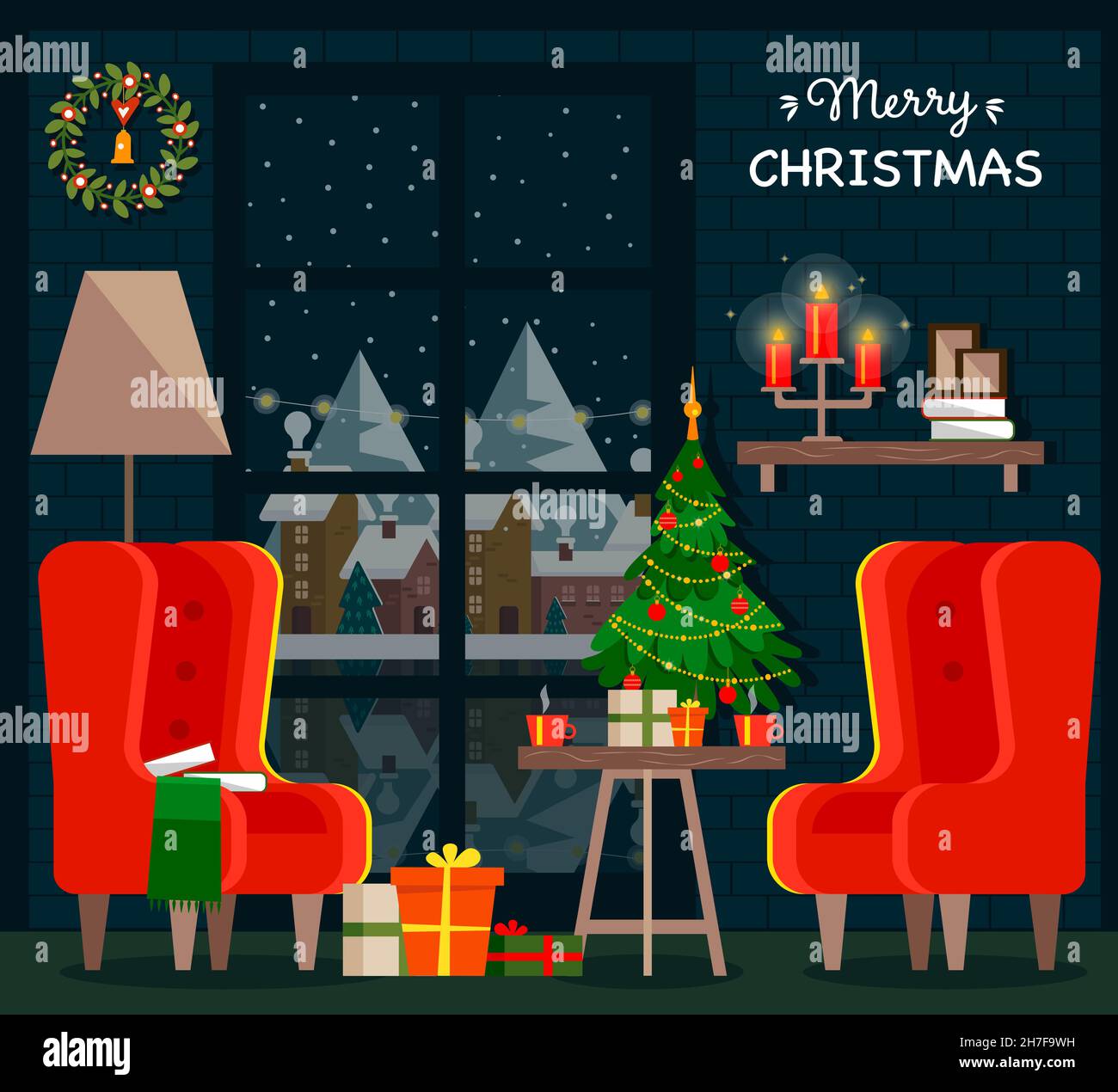Accogliente casa di Natale interno. Finestra invernale con vista sulla città. Poltrone, un albero di Natale, regali e un tavolo con tè caldo o caffè. Vettore. Illustrazione Vettoriale