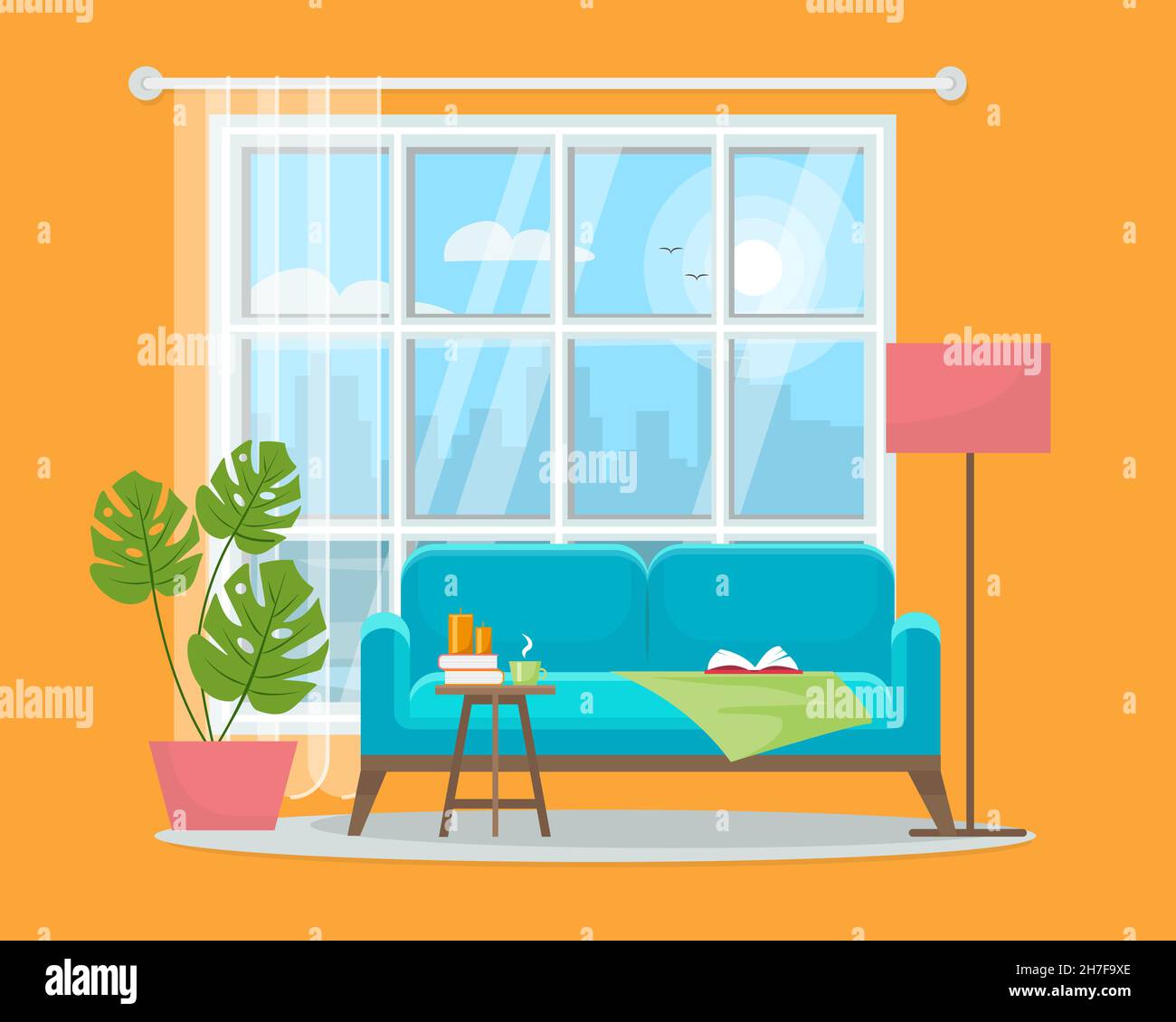 Accogliente soggiorno interno. Divano con plaid e libro, grande finestra con paesaggio urbano. Illustrazione vettoriale di stile piatto. Illustrazione Vettoriale