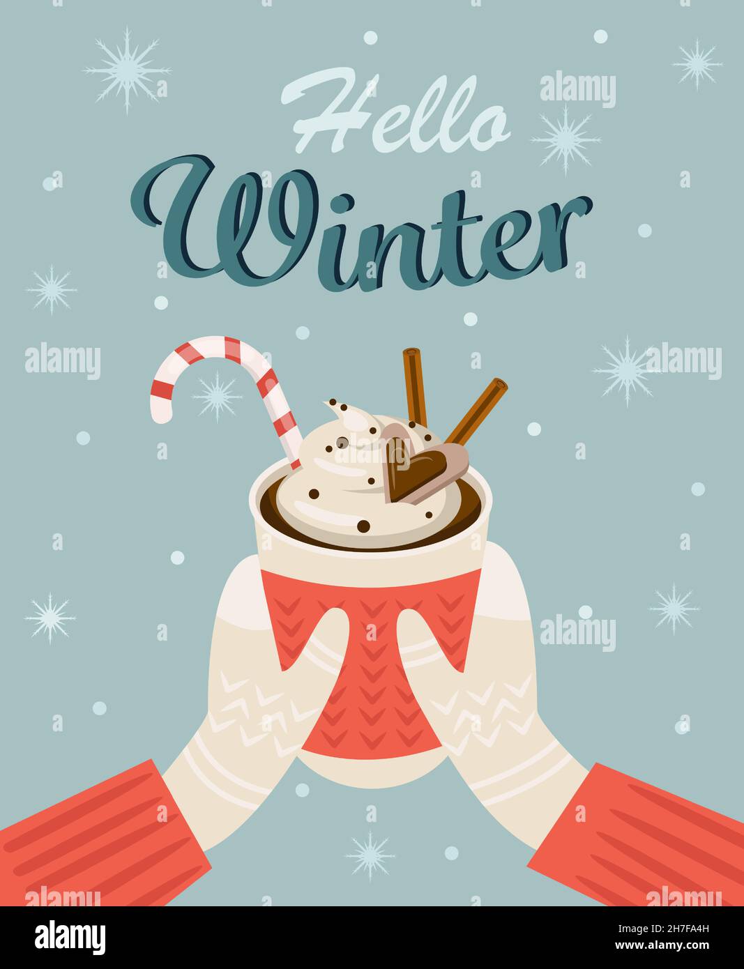 Ciao inverno. Mani in guanti tenere una tazza di cioccolata calda o caffè con panna e dolci. Illustrazione vettoriale. Illustrazione Vettoriale