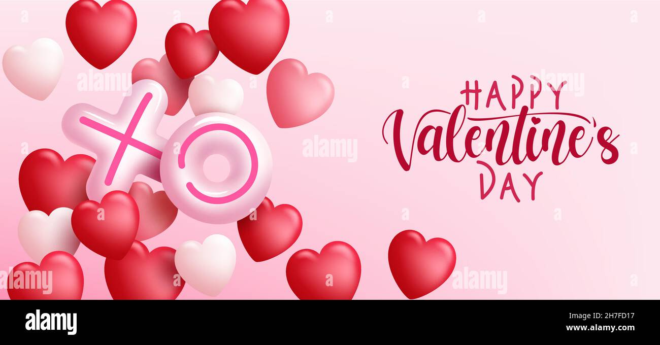Valentines disegno vettoriale di fondo. Buon San Valentino con palloncini ed elementi galleggianti decorazione cuore in sfondo rosa per romantico. Illustrazione Vettoriale