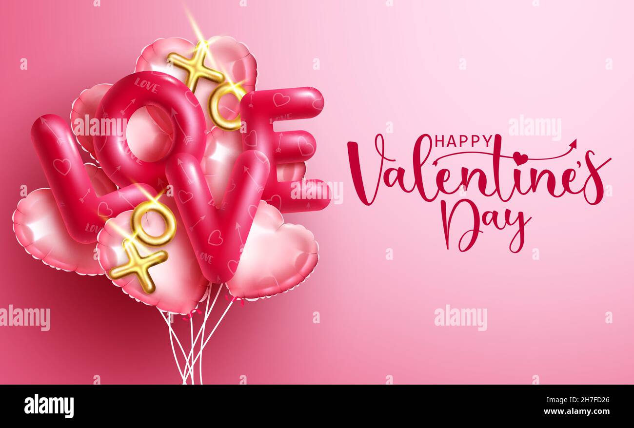 Valentines amore palloncini disegno vettoriale. Buon San Valentino di saluto testo con amore e cuori palloncino mazzo per gli amanti giorno carino e romantico. Illustrazione Vettoriale