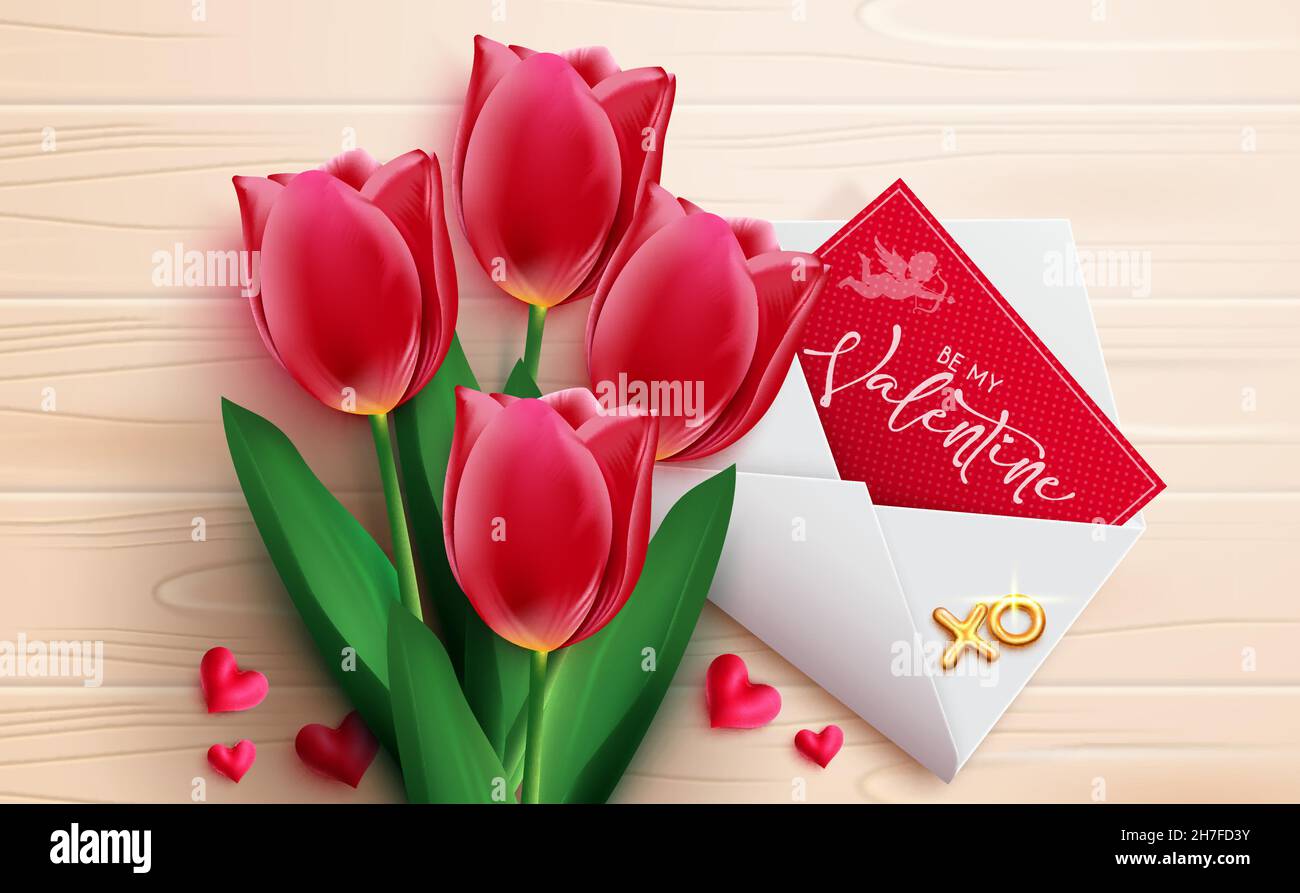 Progettazione vettoriale del giorno di Valentines. Valentine's day elementi di tulipani bouquet e lettera di invito per romantico cuore giorno presente e cartolina. Illustrazione Vettoriale