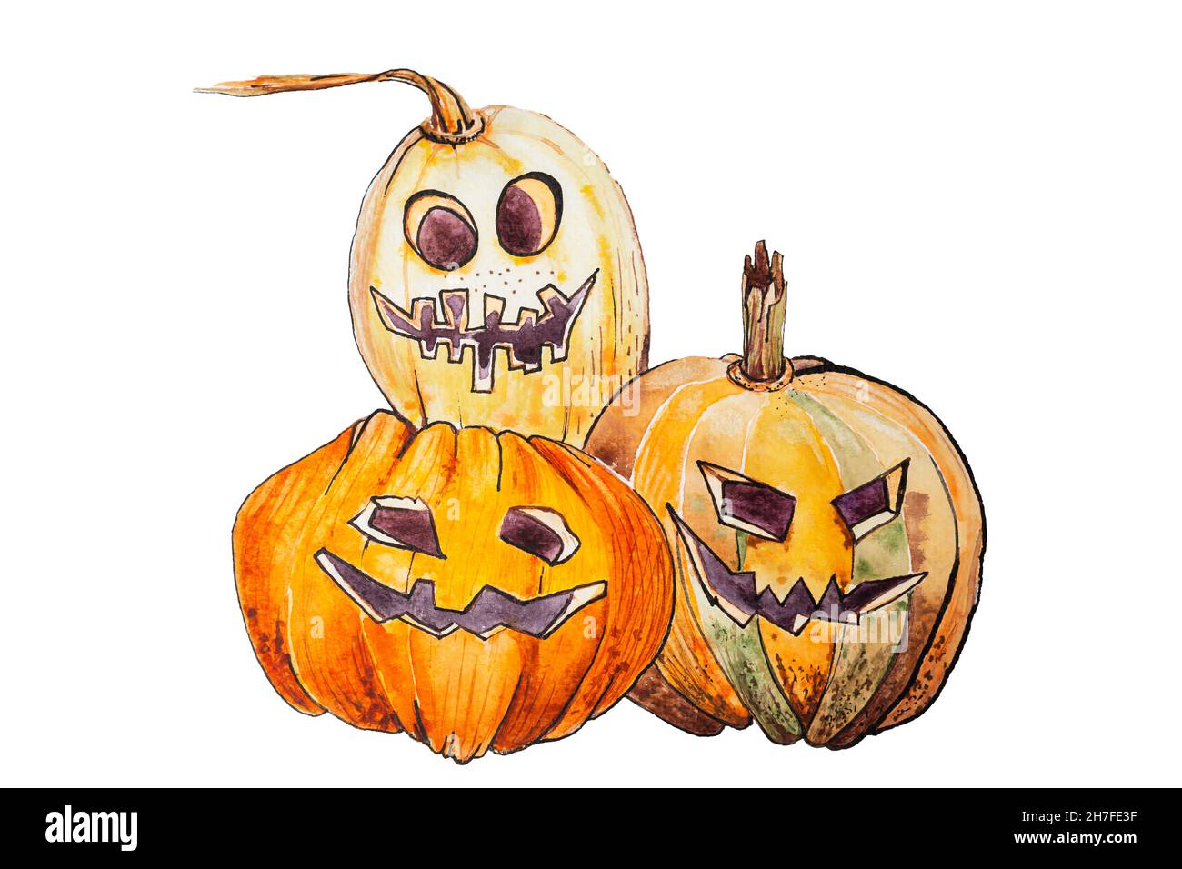 Illustrazione acquerello di tre zucche con facce dipinte isolate su sfondo bianco Foto Stock