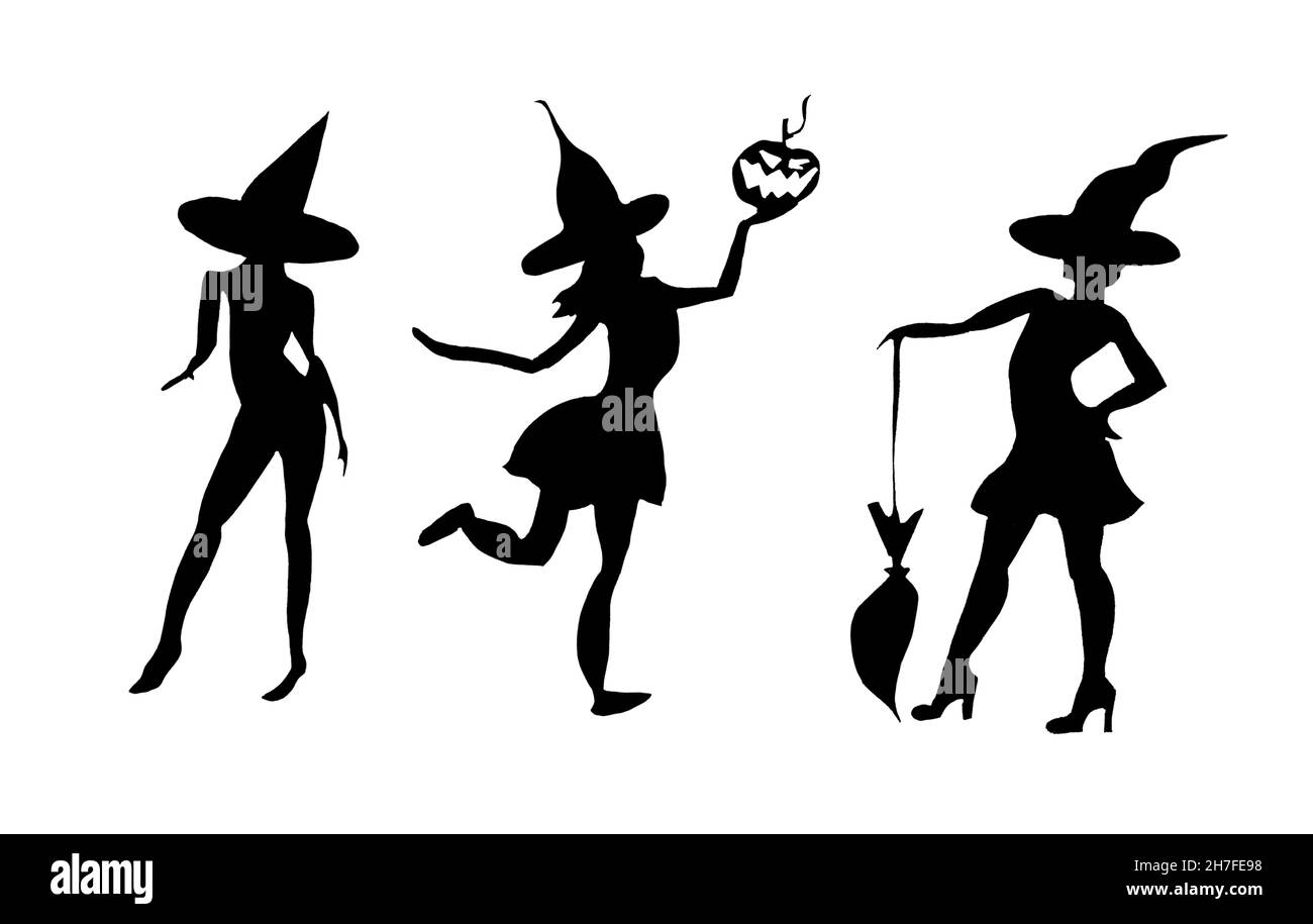 Collezione witch halloween con silhouette nera isolata su sfondo bianco Foto Stock