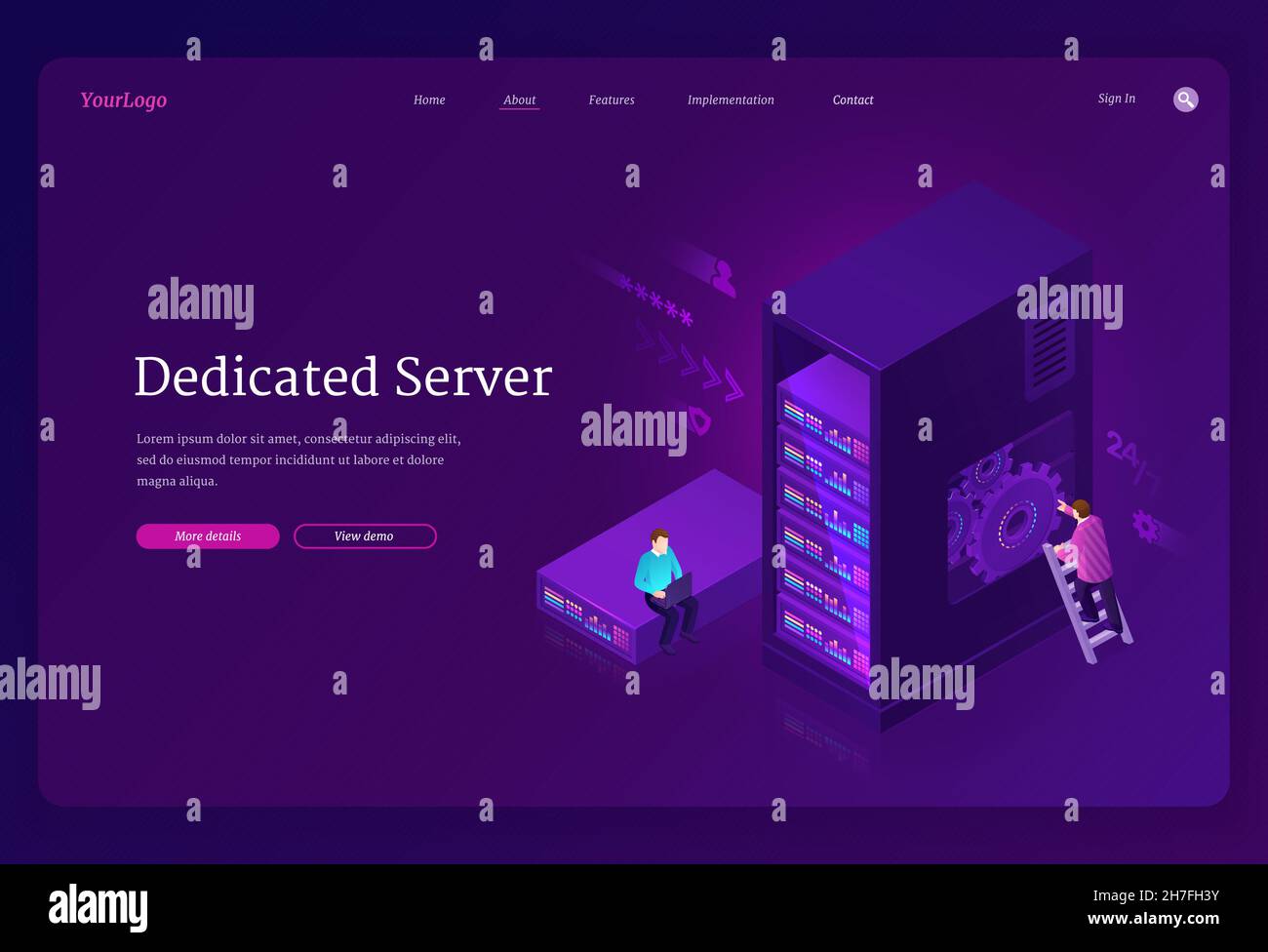 Banner server dedicato. Servizio di hosting Internet con accesso privato all'hardware, allo storage dei dati e alla rete nel data center. Landing page vettoriale con persone isometriche nel data center con server su rack Illustrazione Vettoriale