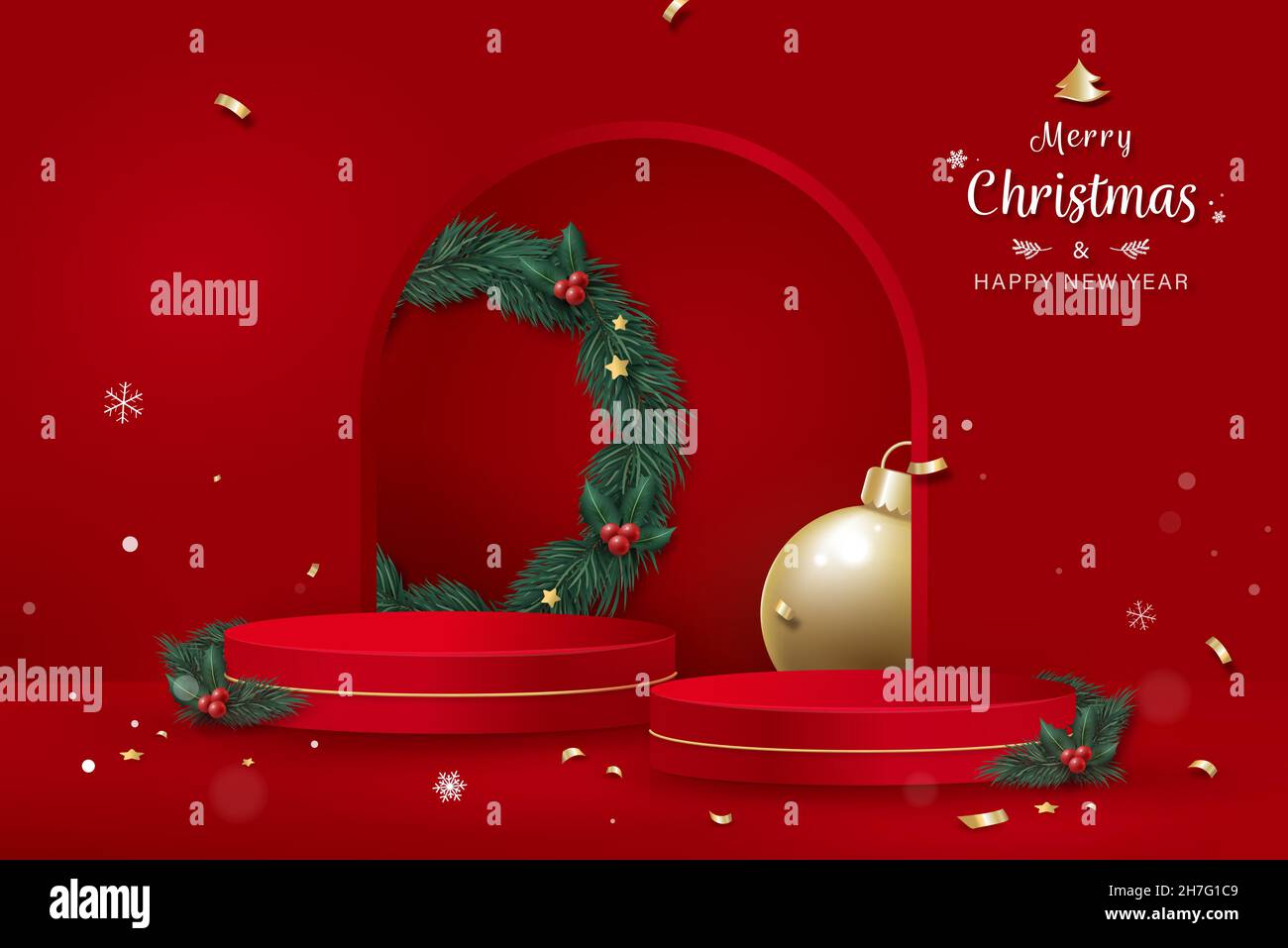 Tema di Natale podio di scena mock up per il posizionamento del prodotto su sfondo rosso Illustrazione Vettoriale