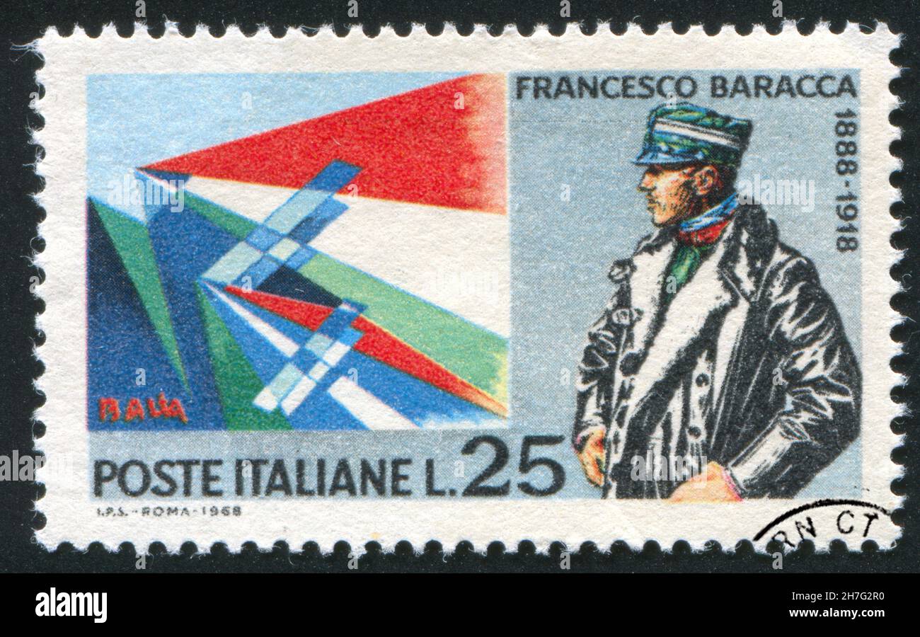 ITALIA - CIRCA 1968: Francobollo stampato dall'Italia, mostra Fracesco Baracca e aerei di Giacomo balla, circa 1968 Foto Stock
