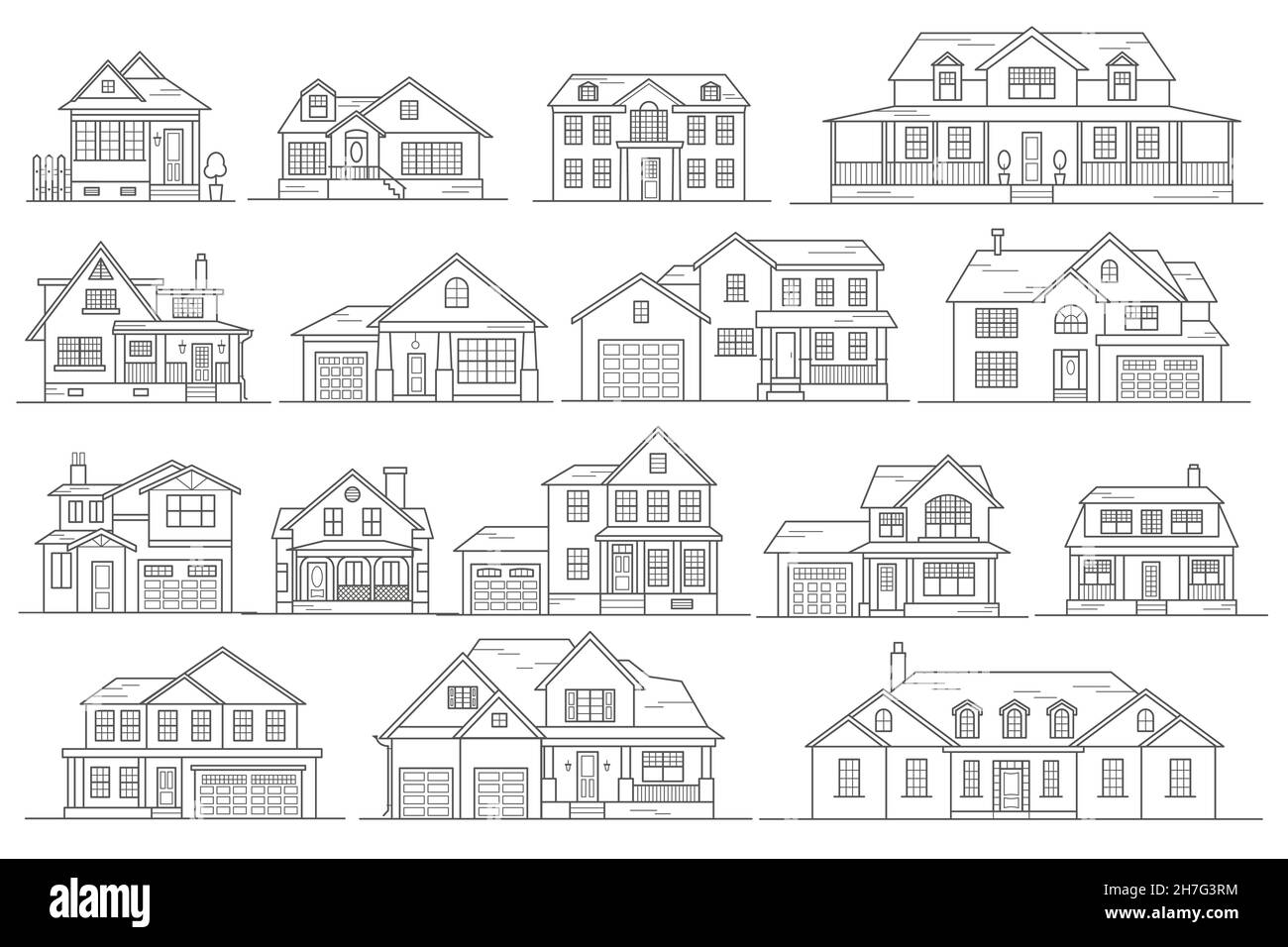 Cottages di quartiere la città, le case della periferia zona residenziale. Edifici bassi del villaggio. Set di illustrazioni vettoriali di contorno. Illustrazione Vettoriale