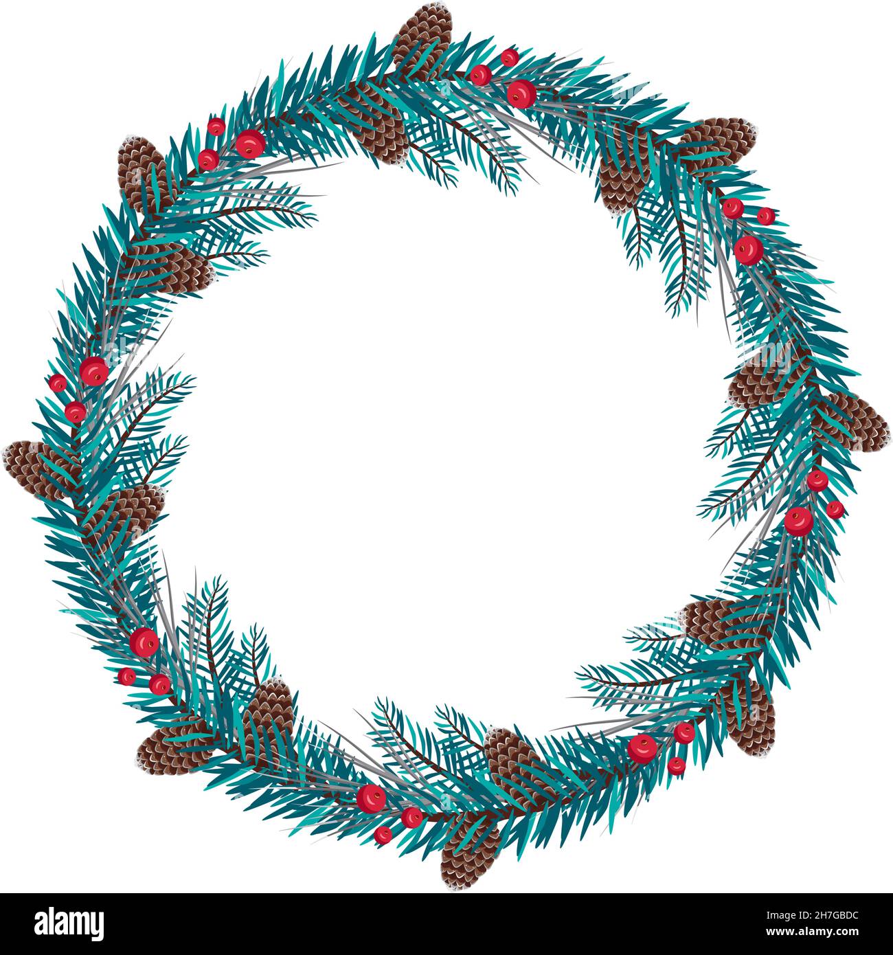 Cornice di Natale rotonda da rami di abete con aghi blu, bacche rosse e coni. Decorazioni natalizie per Capodanno e vacanze invernali Illustrazione Vettoriale