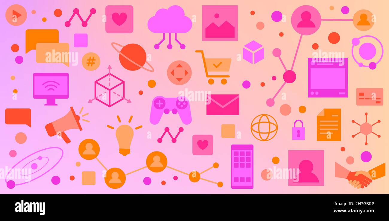 Tecnologia informatica e social media sfondo colorato con icone delle app Illustrazione Vettoriale
