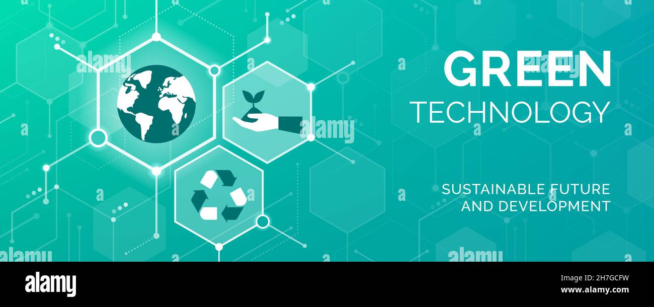 Tecnologia verde, tutela ambientale e sviluppo sostenibile banner con icone Illustrazione Vettoriale