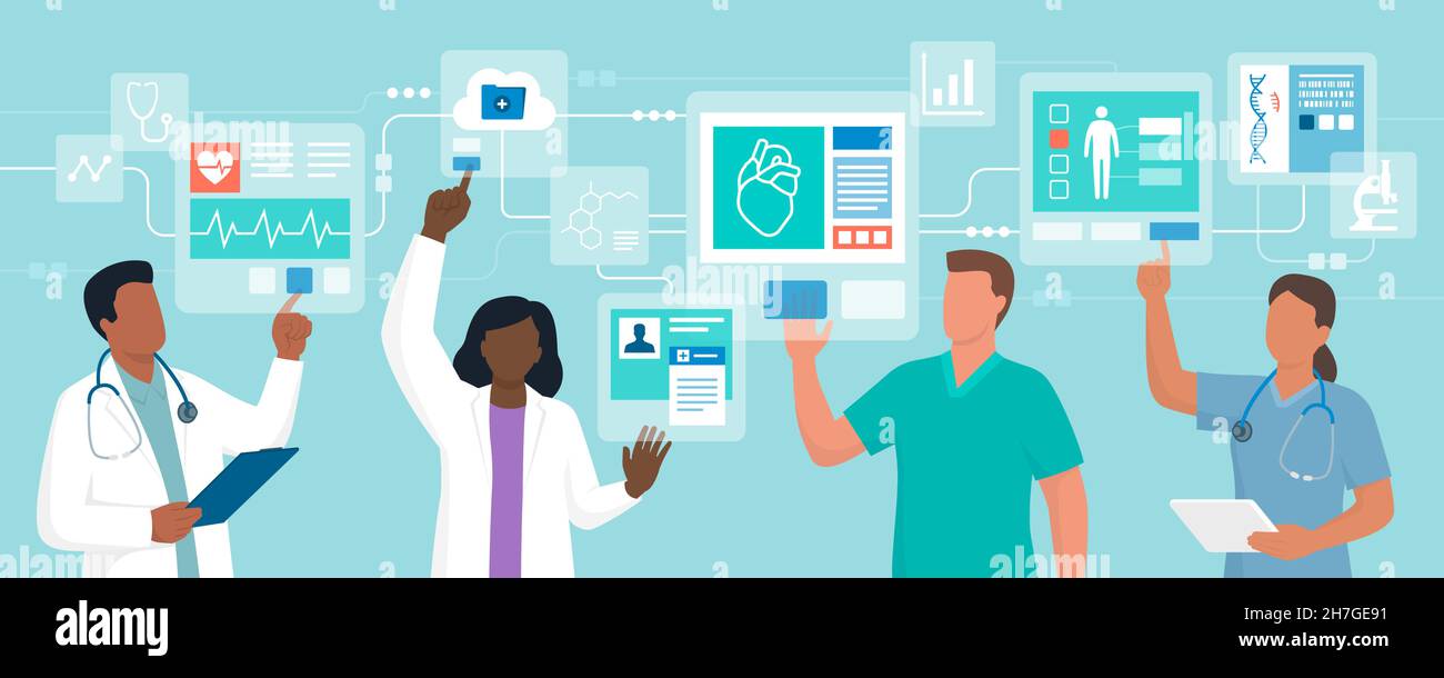 Medici professionisti che interagiscono con interfacce virtuali online, stanno controllando cartelle cliniche elettroniche, telemedicina e concep realtà virtuale Illustrazione Vettoriale