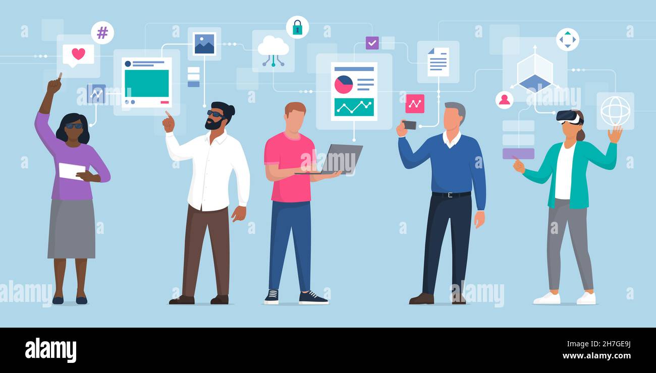 Persone diverse che interagiscono con interfacce di realtà virtuale e accedono ai servizi online utilizzando i loro dispositivi Illustrazione Vettoriale