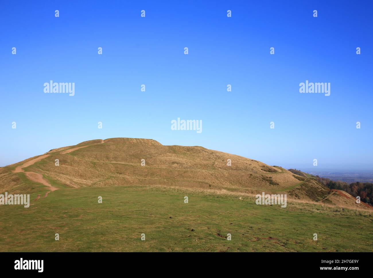 Campo britannico a Herefordshire beacon, Malvern Hills, Worcestershire, Inghilterra, Regno Unito. Foto Stock