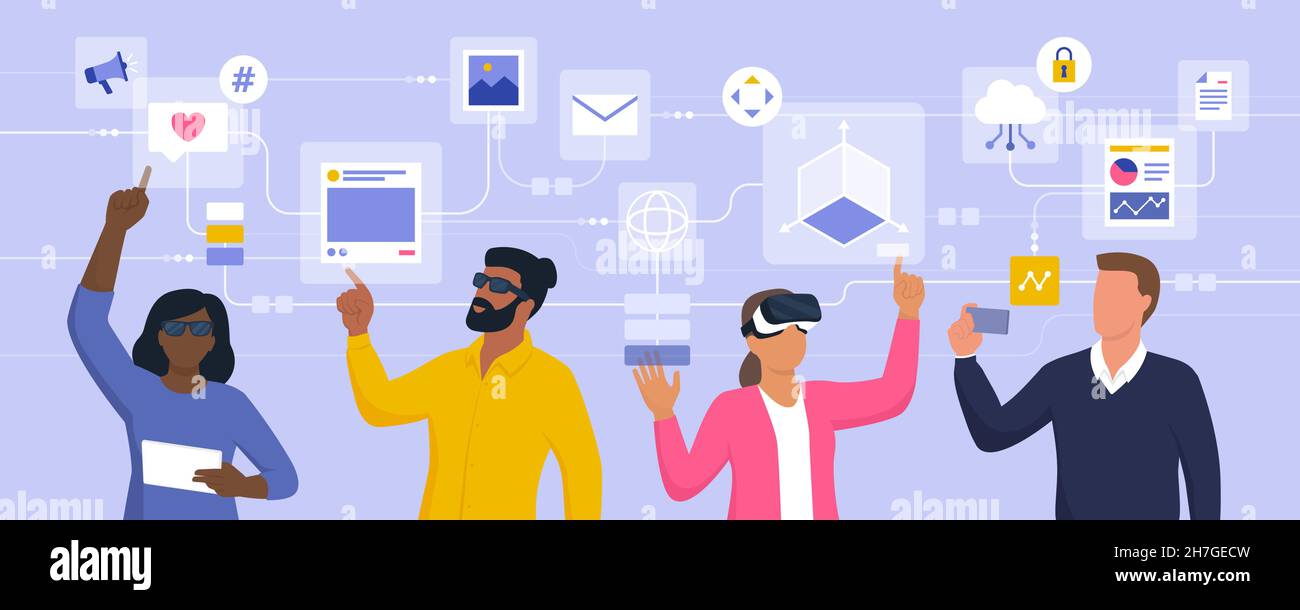 Persone diverse che interagiscono con interfacce di realtà virtuale e accedono ai servizi online utilizzando i loro dispositivi Illustrazione Vettoriale