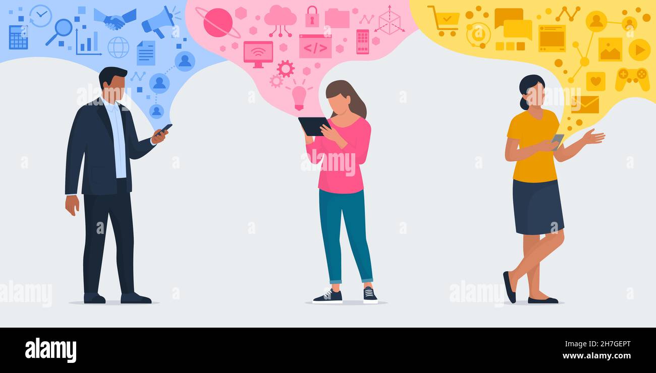 Persone che si connettono online sui propri dispositivi e utilizzano applicazioni digitali: Servizi digitali, aziende, social media e intrattenimento Illustrazione Vettoriale