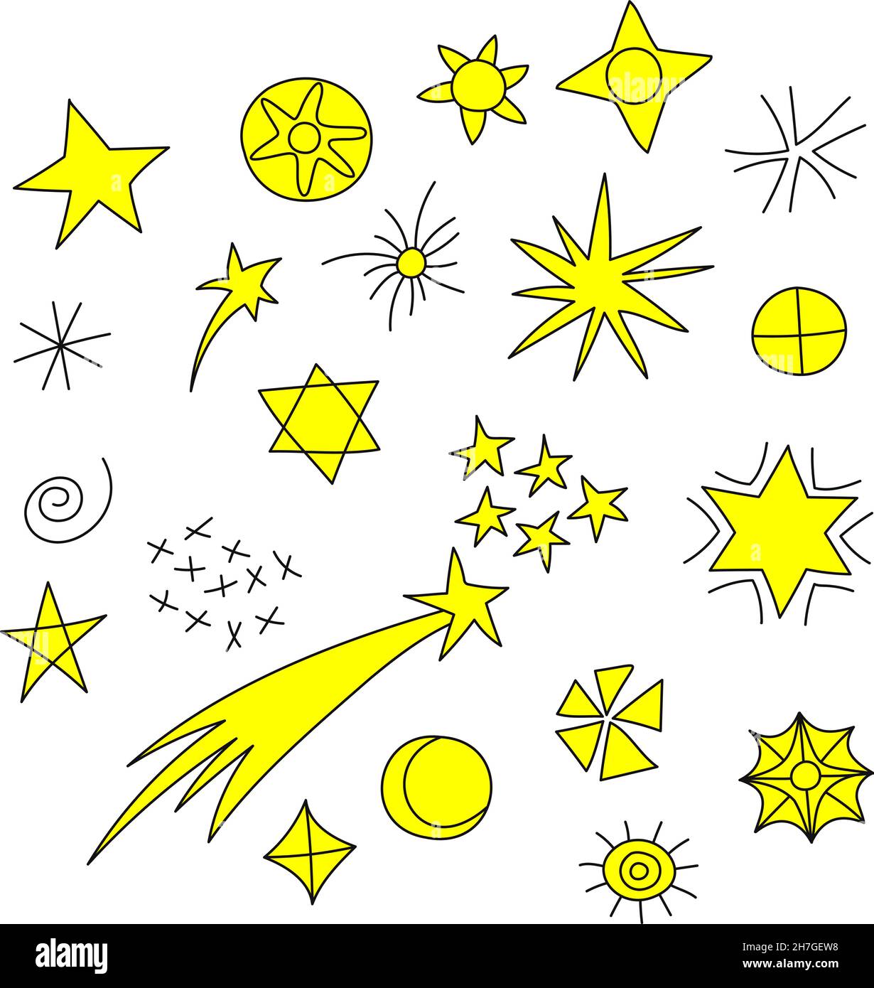 Set di stelle disegnate a mano. Stile Doodle. Illustrazione Vettoriale