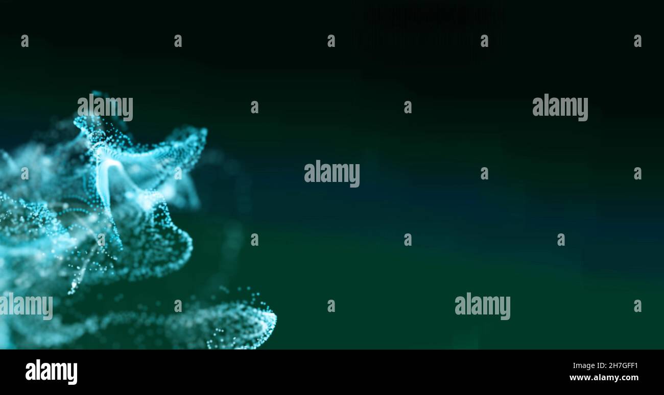 Immagine di particelle bianche e blu che si muovono su sfondo nero Foto Stock