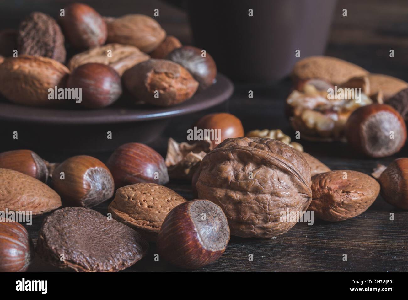 Primo piano di una selezione di dadi misti nella loro noce con spazio di copia Foto Stock