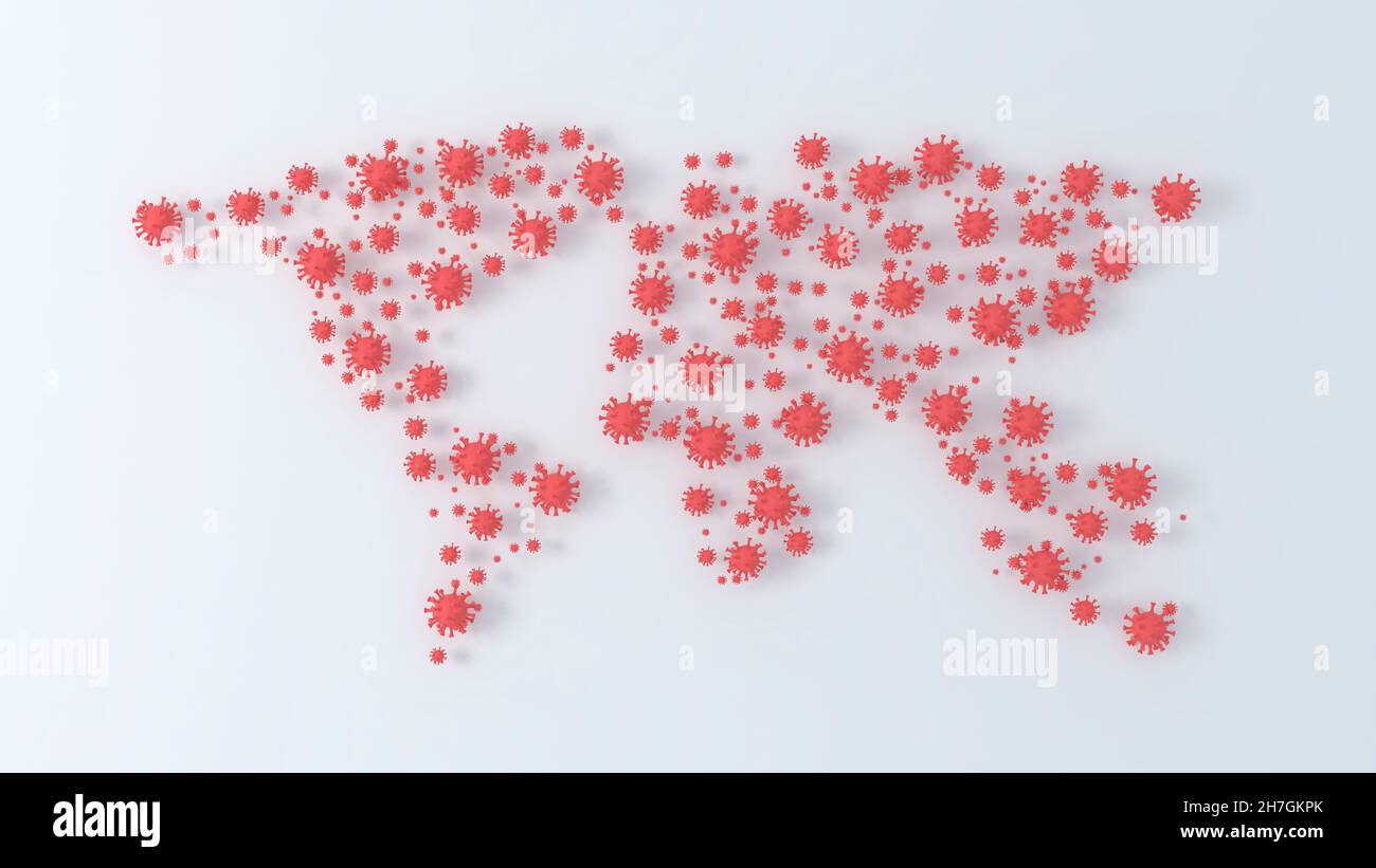 Forma della mappa mondiale fatta di cellule di particelle di coronavirus. Contesto pandemico Foto Stock