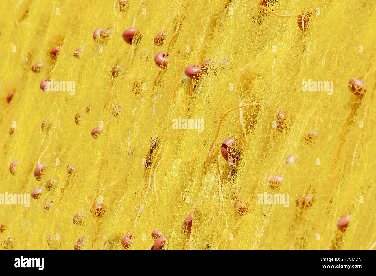 Primo piano immagine che riempie la vista di reti da pesca giallo chiaro in nylon con corde con galleggianti arancioni attaccati Foto Stock