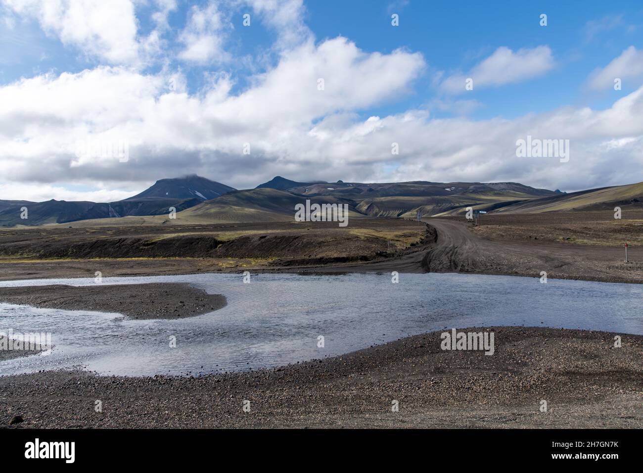 Vista ad angolo alto di un fiume in una delle strade sterrate che attraversa il vicino vulcano Katla in Islanda con montagne sullo sfondo un bianco blu sk nuvoloso Foto Stock