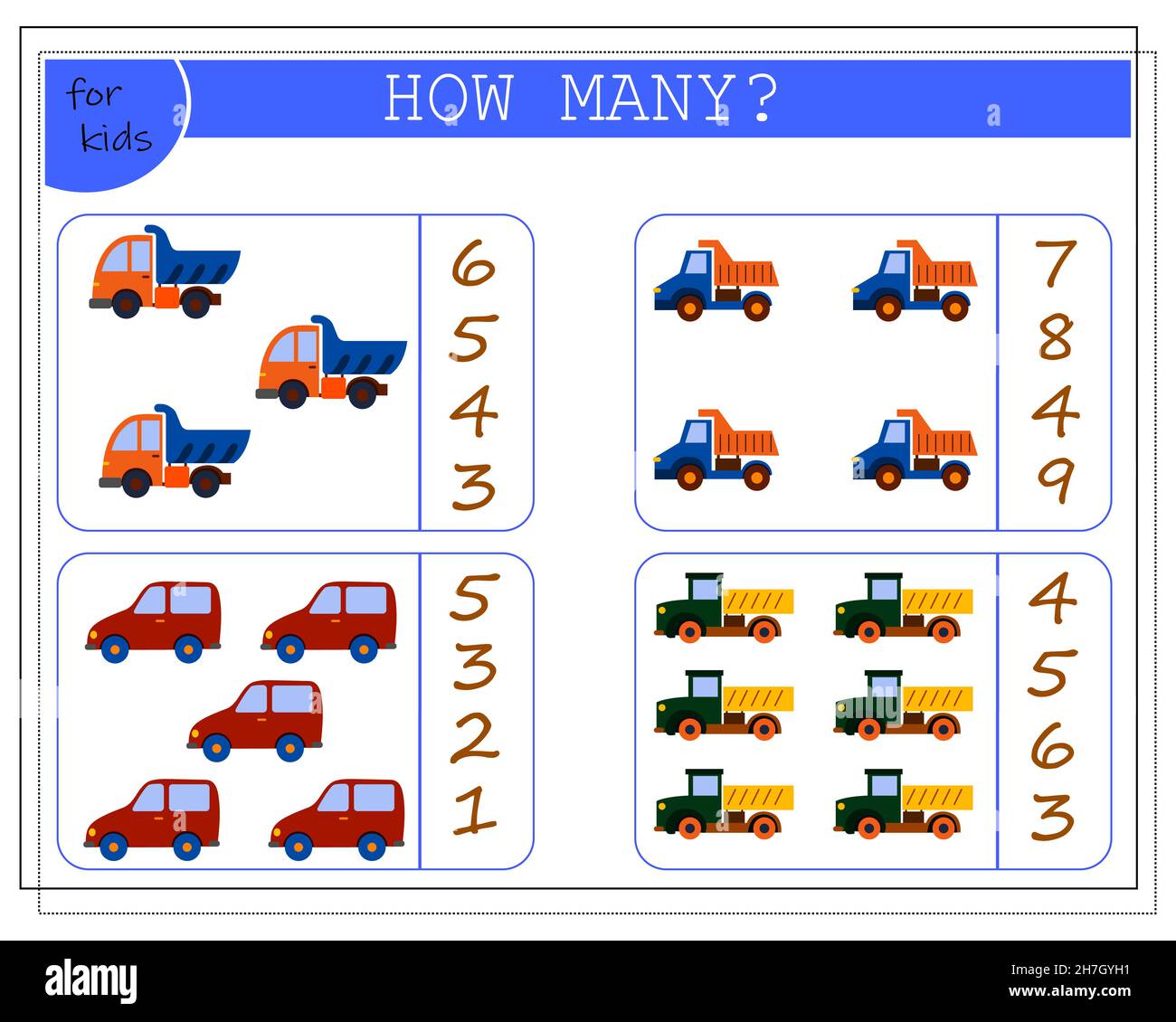 Gioco di matematica per bambini, contare quanti di loro. Giocattoli per bambini auto. Vettore Illustrazione Vettoriale