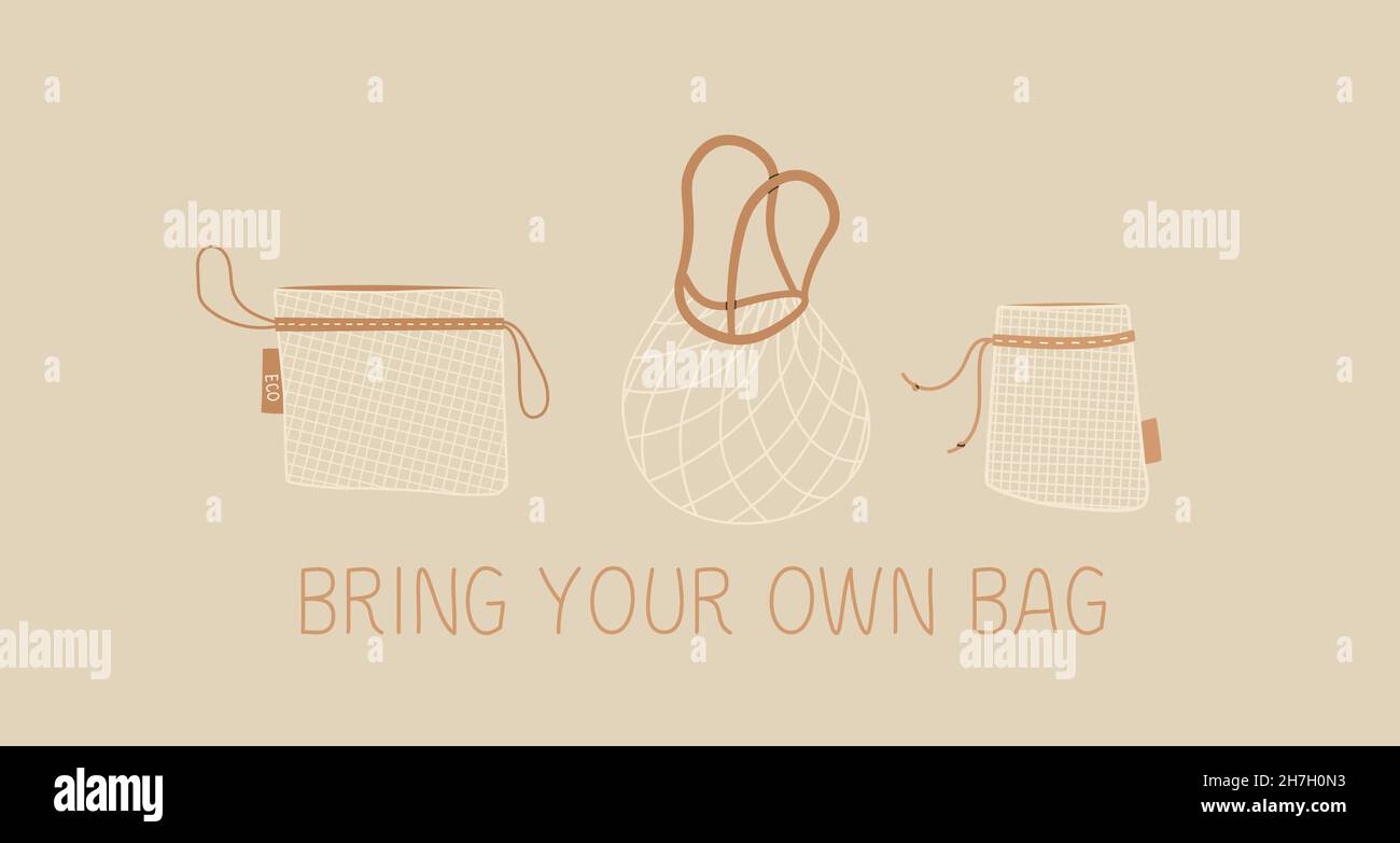 Porta la tua borsa. Rete riutilizzabile per verdure e frutta. Borsa ecologica per la spesa. Niente plastica e niente rifiuti. Illustrazione Vettoriale