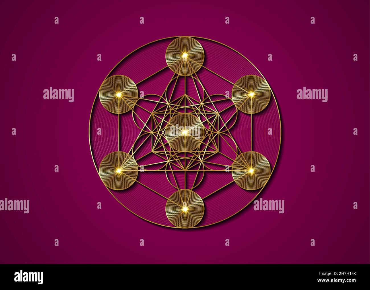 Cubo Metatroni d'oro, fiore della vita. Geometria sacra, elementi geometrici grafici. Solidi platonici con icone mistiche, disegno geometrico astratto, cerchio di ritaglio Illustrazione Vettoriale