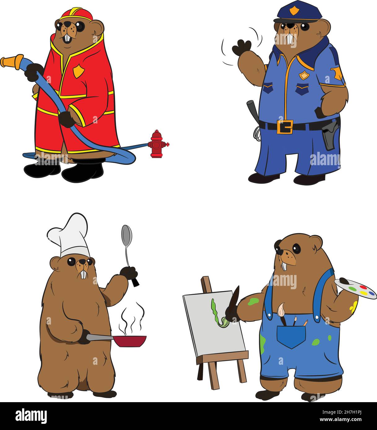 Personaggio antropomorfo Groundhog vestito come poliziotto e pittore Chef Firefighter. Set di quattro caratteri Groundhog. Illustrazione Vettoriale