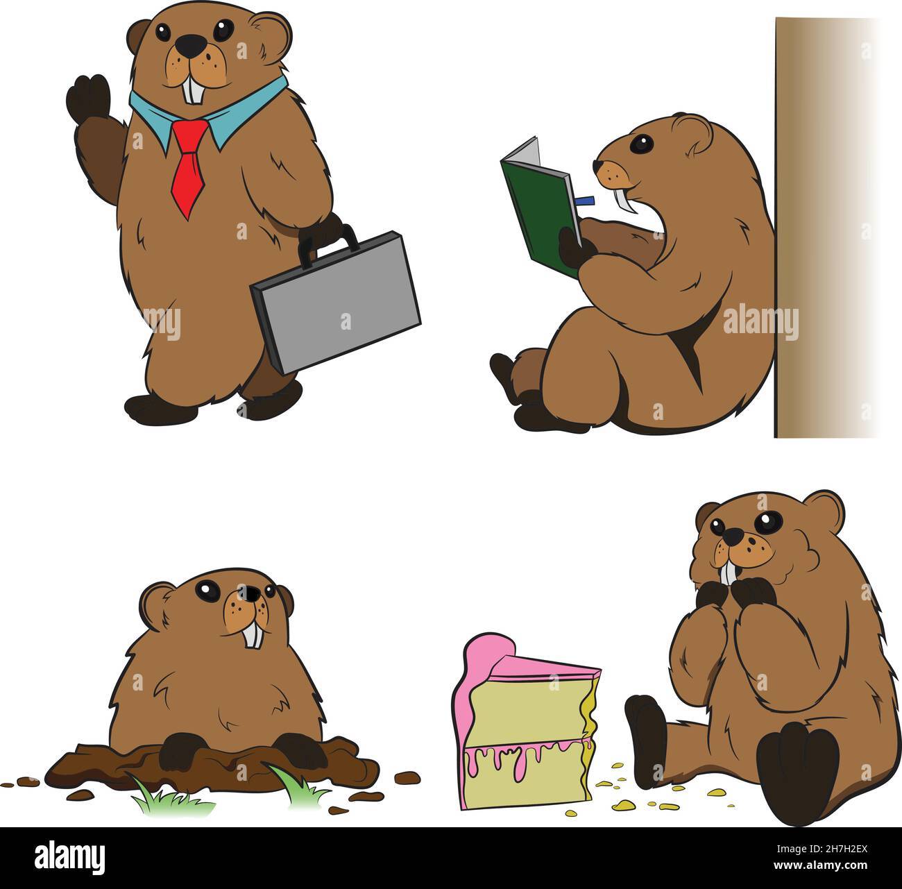 Personaggio antropomorfo Groundhog vestito come poeta e uomo d'affari che mangia torta e scavando Groundhog set. Illustrazione Vettoriale