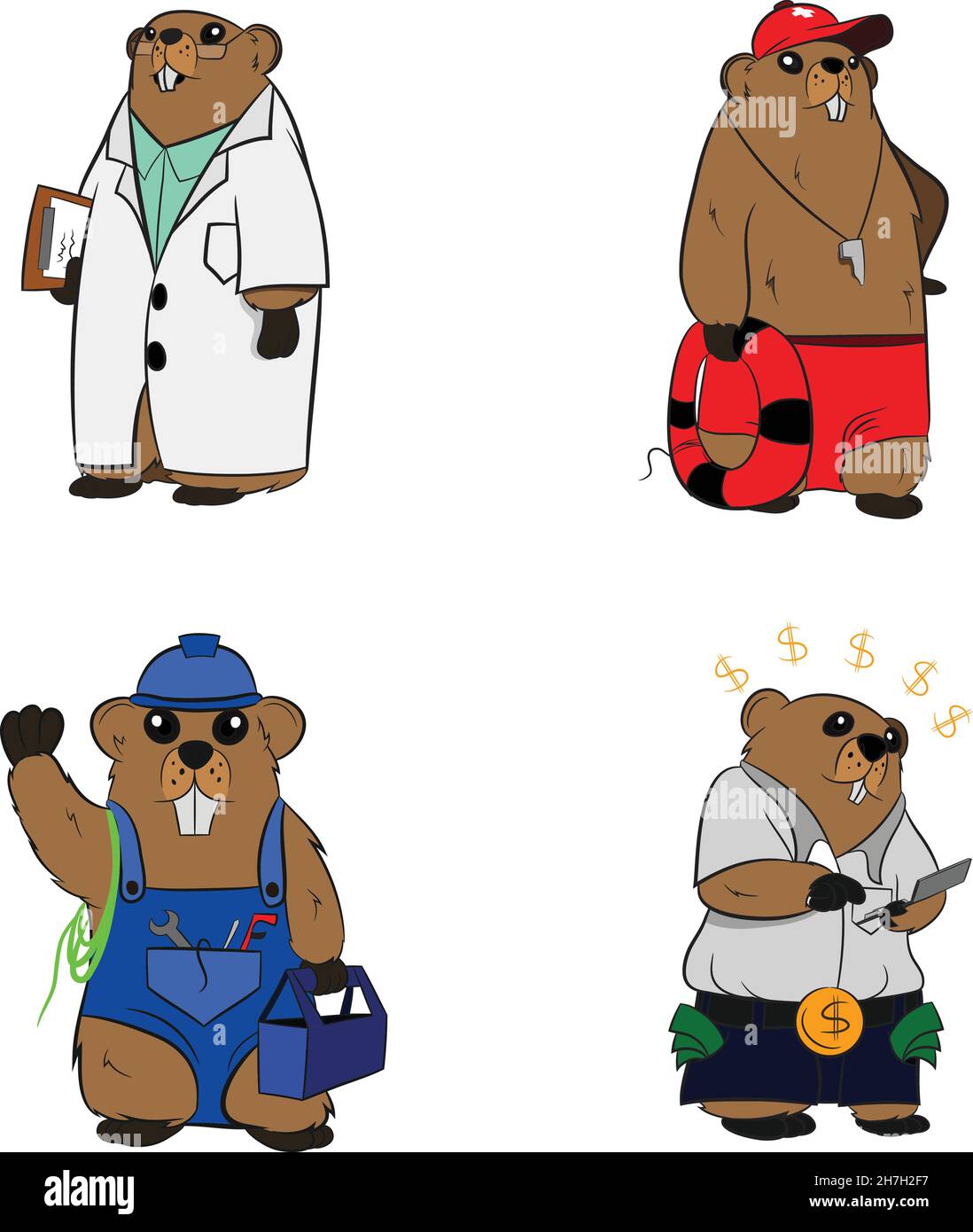 Personaggio di Groundhog antropomorfo vestito come Doctor Lifeguard Handyman e Accountant. Set di quattro caratteri Groundhog. Illustrazione Vettoriale