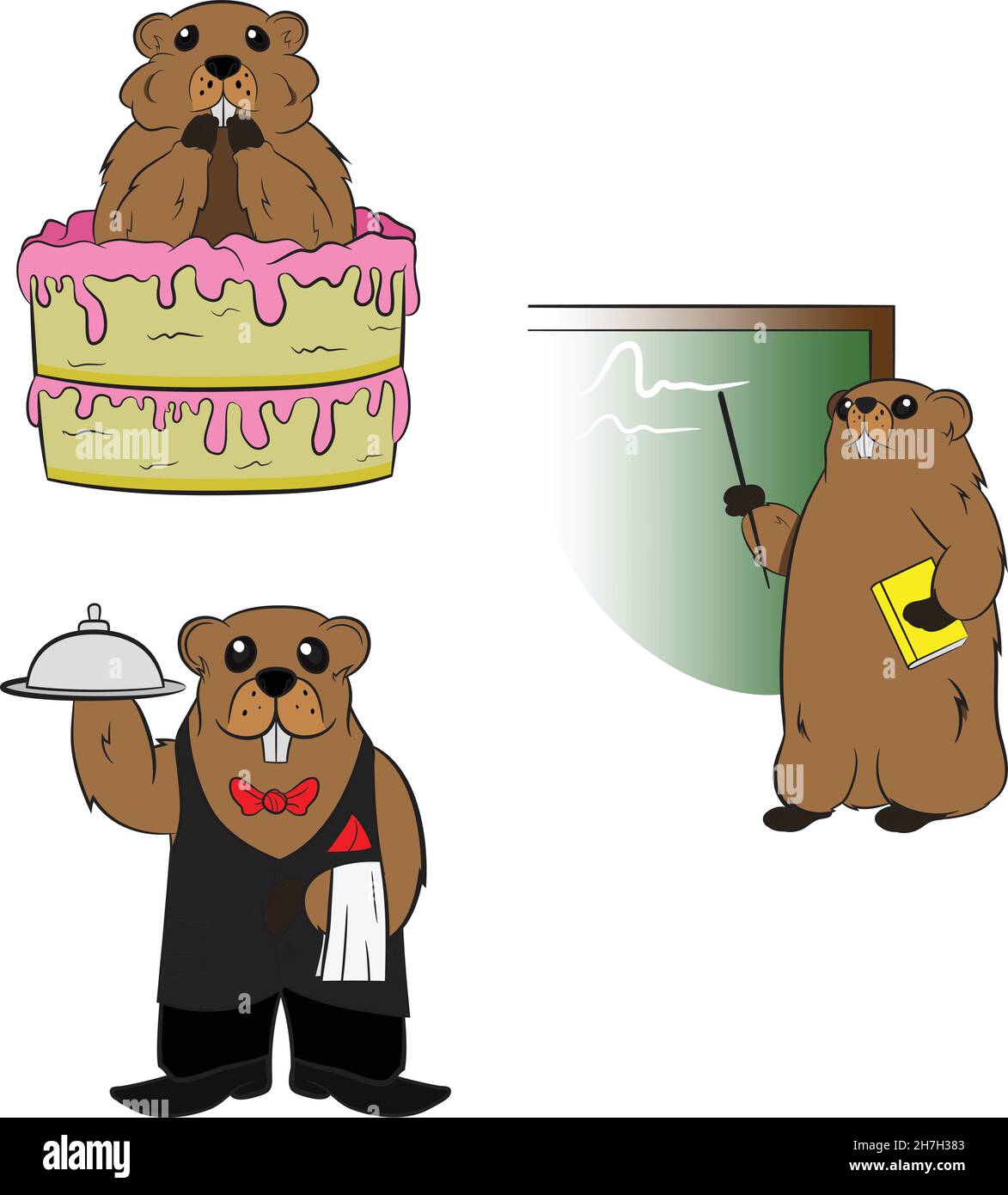 Personaggio di Groundhog antropomorfo vestito da cameriere Butler e insegnante che mangiano torta. Set di tre caratteri Groundhog. Illustrazione Vettoriale