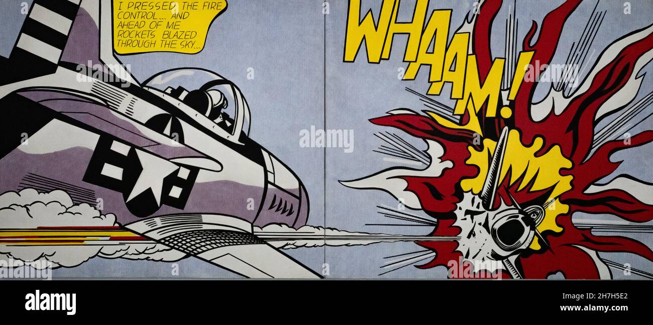 Whaam!, uno dei dipinti più famosi dell'artista pop americano Roy Lictenstein in mostra alla Tate Modern, Londra, Regno Unito. Ispirato ai fumetti. Foto Stock