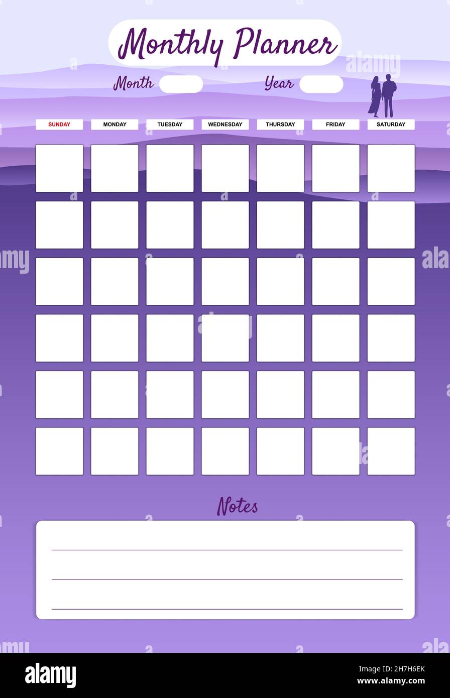 Vettore modello pianificatore mensile. Paesaggio minimo con sfondo coppia, note. Gestione dei notebook aziendali, organizer Illustrazione Vettoriale
