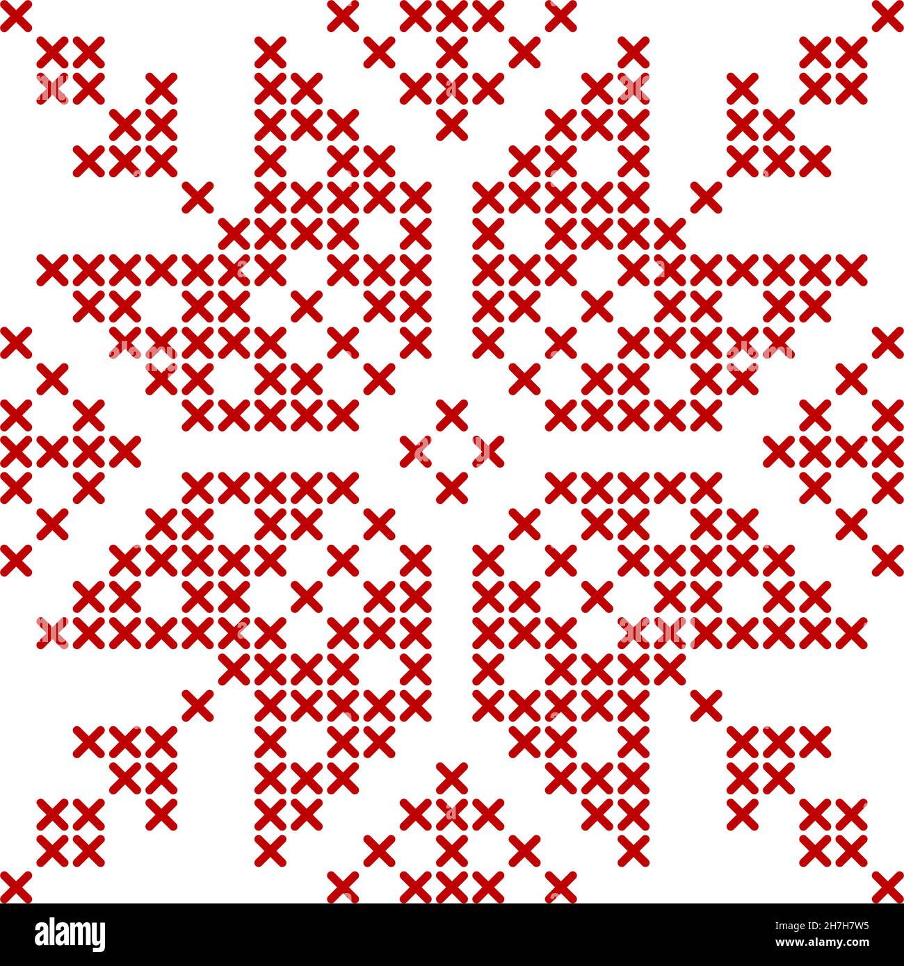 Modello a maglia scandinavo. Ornamento in rosso geometrico per ricami stellari in fiocchi di neve. Perfetto per il design a cuciture incrociate di Natale. Illustratio vettoriale Illustrazione Vettoriale