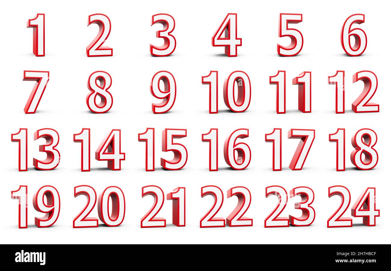 Numeri rossi impostati da 1 a 24 - rappresenta il calendario di Natale - isolato su sfondo bianco, rendering tridimensionale, illustrazione 3D Foto Stock