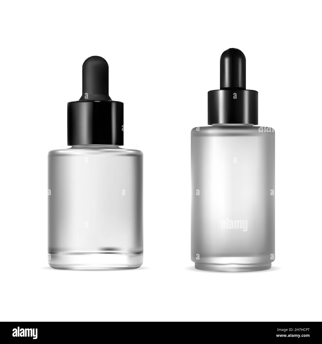 Set di flaconi contagocce per siero cosmetico, mockup bianco e nero. Contenitore in vetro trasparente con tappo contagocce per collagene. Olio essenziale Illustrazione Vettoriale