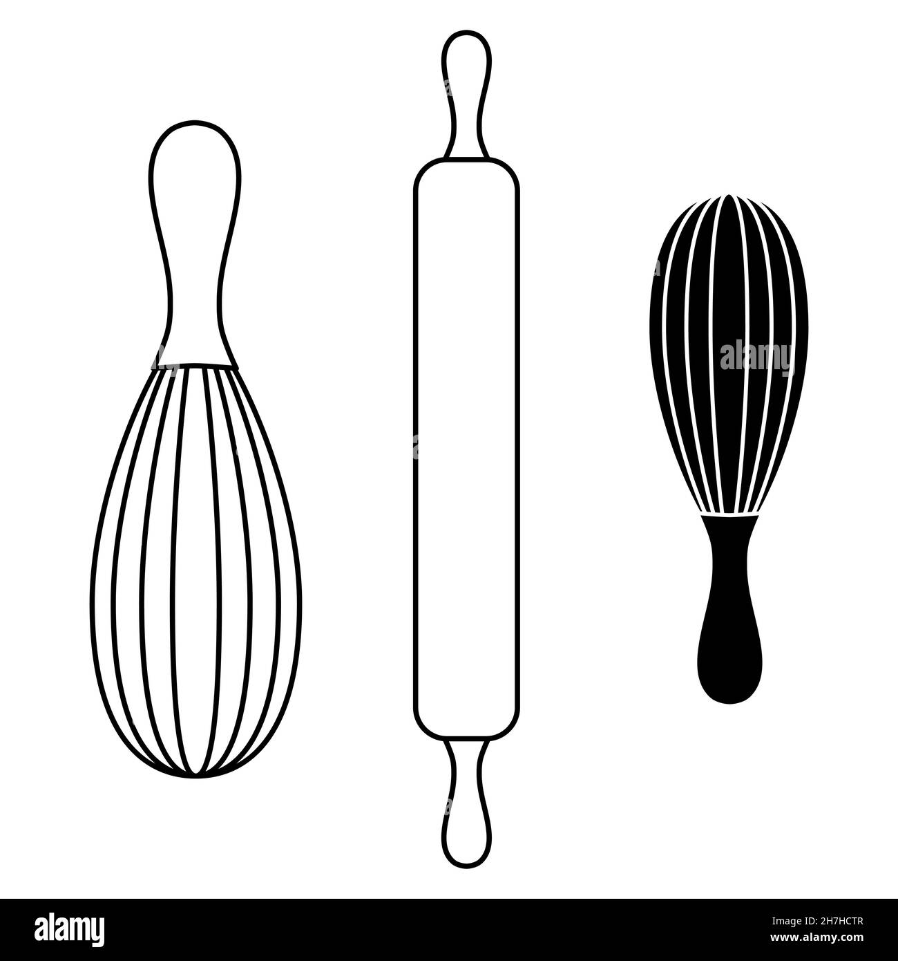 Utensili da cucina set di whisks linea e negativo e un perno a rullo  contorno semplice minimalista disegno piatto icone vettoriali illustrazione  isolato su bianco bac Immagine e Vettoriale - Alamy