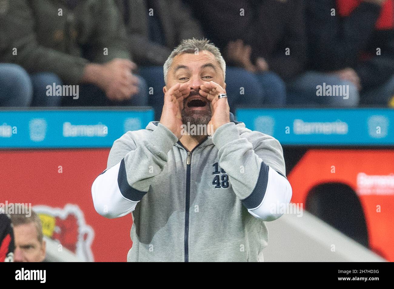 Allenatore Thomas REIS (BO), BB, ritratto di mezza lunghezza, chiamata, forma le sue mani in un imbuto-sagomato (imbuto-sagomato) intorno alla sua bocca; gesto, gesto; chiamata, istruzione, Fornisce istruzioni, comandi; Soccer 1. Bundesliga, stagione 2021/2022, dodicesimo giorno di festa, Bayer 04 Leverkusen (LEV) - VfL Bochum (BO) 1: 0, il 20 novembre 2021 a Leverkusen/Germania. Le normative DFL vietano l'uso di fotografie come sequenze di immagini e/o quasi-video Foto Stock