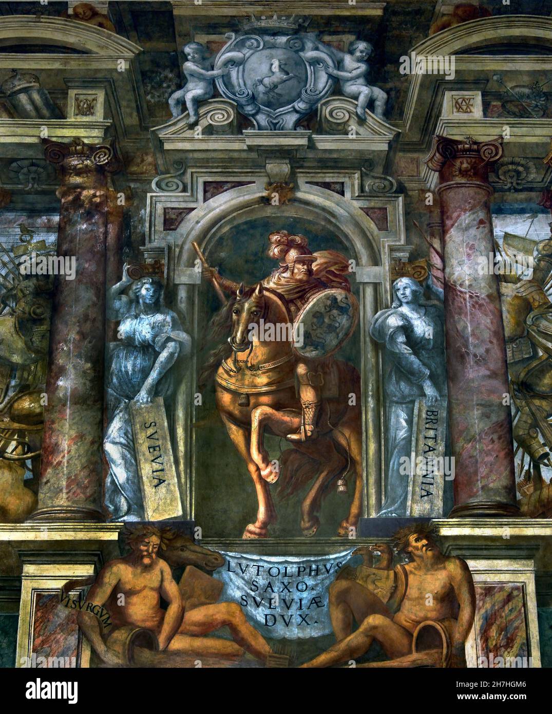 Trionfo di Emmanuel Philibert - Sala delle Guardie Svizzere - Sala della Gloria Sassone - Fregio affrescato di Giovanni Francesco e Antonio FEA - Storie dei principi di Sassonia, ai quali i Savoia hanno ricontratto la loro dinastia Torino Palazzo reale - Palazzo reale di Torino, Italia Foto Stock